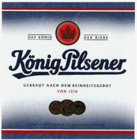 König Pilsener GEBRAUT NACH DEM REINHEITSGEBOT VON 1516 Logo (DPMA, 21.08.2002)