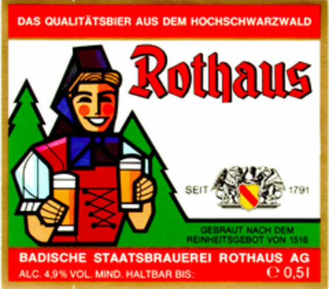 DAS QUALITÄTSBIER AUS DEM HOCHSCHWARZWALD Rothaus Logo (DPMA, 29.08.1990)