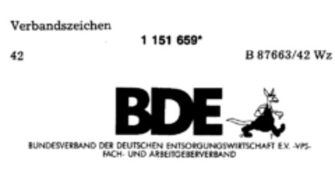 BDE BUNDESVERBAND DER ENTSORGUNGSWIRTSCHAFT E.V. -VPS- FACH- UND ARBEITGEBERVERBAND Logo (DPMA, 28.06.1989)