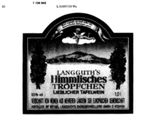 LANGGUTH'S Himmlisches TRÖPFCHEN LIEBLICHER TAFELWEIN Logo (DPMA, 29.04.1988)