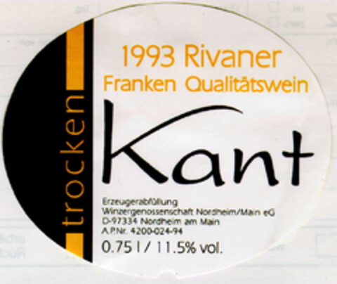 Kant 1993 Rivaner Franken Qualitätswein Logo (DPMA, 10.01.1994)