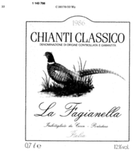 1986 CHIANTI CLASSICO La Fagianella Logo (DPMA, 10/05/1988)