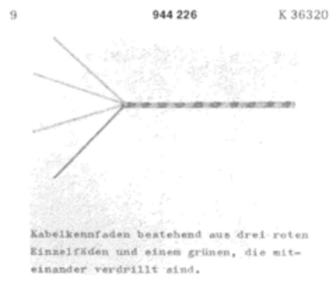 Kabelkennfaden bestehend aus drei roten Einzelfäden und einem grünen, die mitteinander verdrillt sind. Logo (DPMA, 14.03.1975)