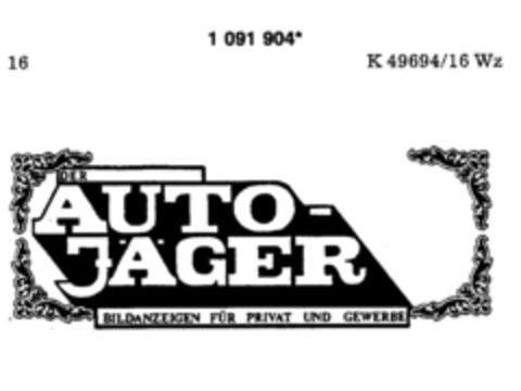 DER AUTO-JÄGER BILDANZEIGEN FÜR PRIVAT UND GEWERBE Logo (DPMA, 04/23/1986)