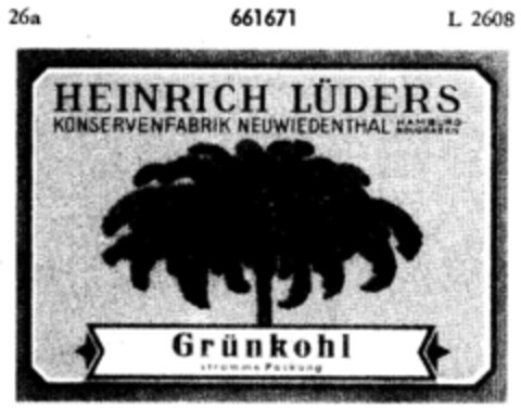 HEINRICH LÜDERS KONSERVENFABRIK NEUWIEDENTHAL Grünkohl stramme Packung Logo (DPMA, 05.12.1952)