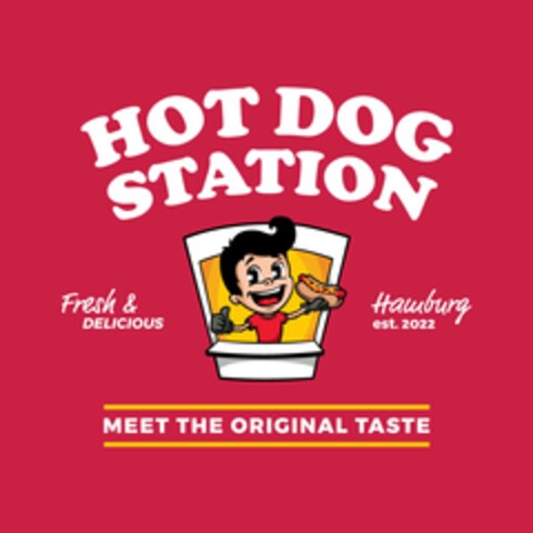 HOT DOG STATION Fresh & DELICIOUS Hamburg est. 2022 MEET THE ORIGINAL TASTE Logo (DPMA, 10.07.2024)