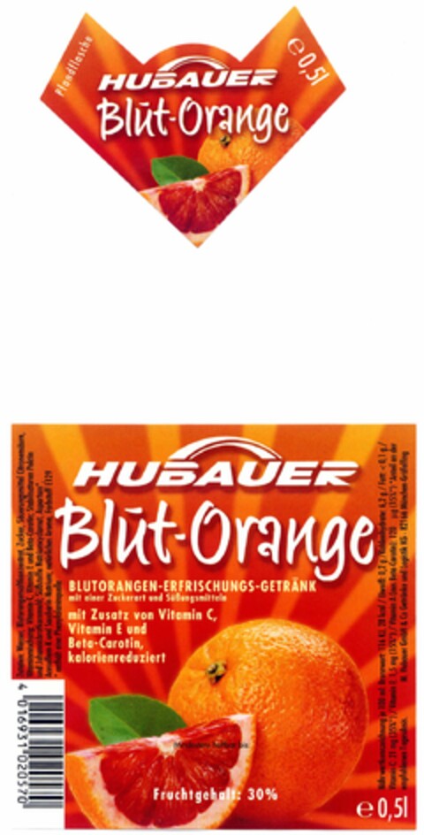 HUBAUER Blut-Orange BLUTORANGEN-ERFRISCHUNGS-GETRÄNK Logo (DPMA, 07.10.2005)