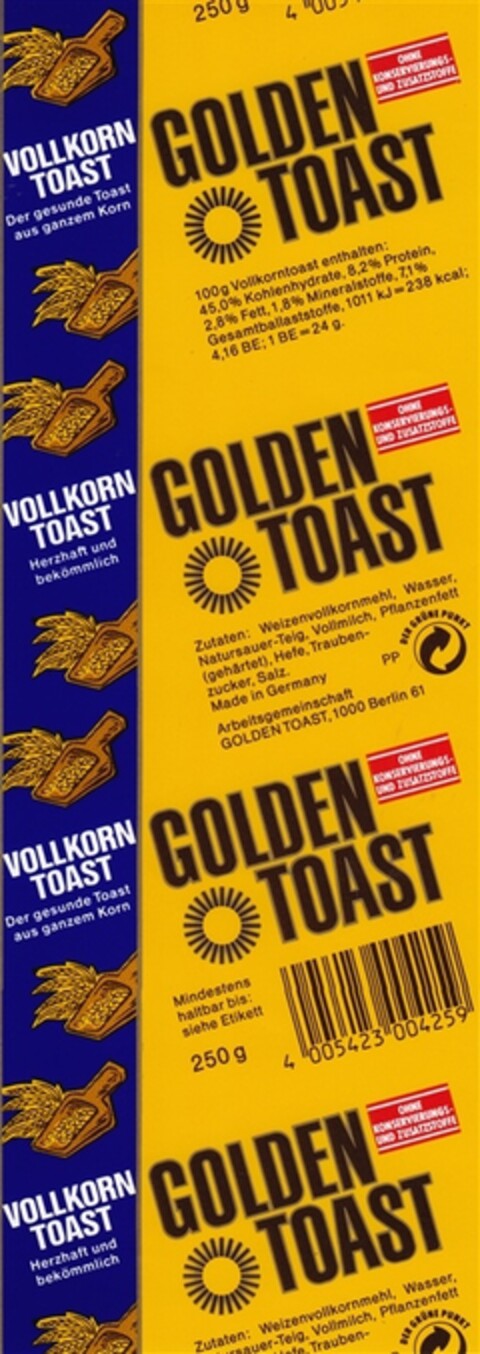 GOLDEN TOAST VOLLKORNTOAST Logo (DPMA, 07/18/1992)