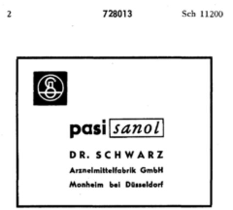 pasi sanol DR. SCHWARZ Arzneimittel GmbH Monheim bei Düsseldorf Logo (DPMA, 08.11.1958)