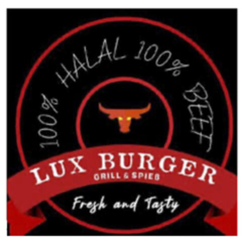 LUX BURGER GRILL & SPIEß Fresh and Tasty 100% HALAL 100% BEEF Logo (DPMA, 24.06.2020)