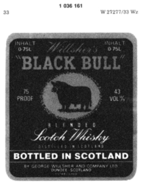 Willsher`s Black Bull Logo (DPMA, 09/15/1976)