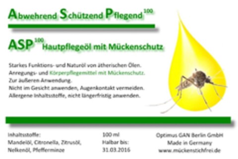 Abwehrend Schützend Pflegend 100 ASP100 Hautpflegeöl mit Mückenschutz Logo (DPMA, 20.02.2015)