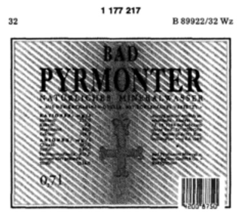 BAD PYRMONTER NATÜRLICHES MINERALWASSER Logo (DPMA, 16.05.1990)