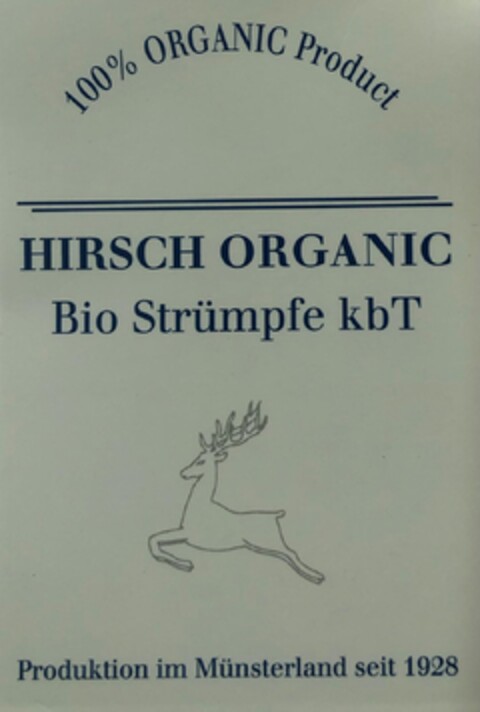 100% ORGANIC Product HIRSCH ORGANIC Bio Strümpfe kbT Produktion im Münsterland seit 1928 Logo (DPMA, 03/11/2021)