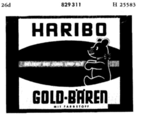 HARIBO GOLD-BÄREN MIT FARBSTOFF BELIEBT BEI JUNG UND ALT Logo (DPMA, 08.10.1964)