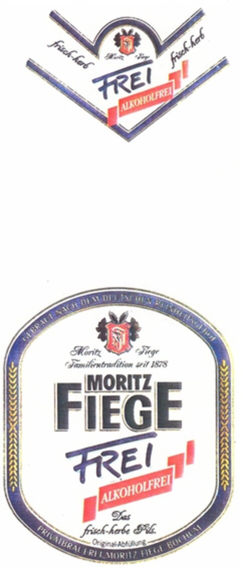 MORITZ FIEGE FREI ALKOHOLFREI Das frisch-herbe Pils. Logo (DPMA, 01.06.1993)