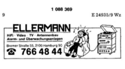 ELLERMANN HiFi   Video   TV   Antennenbau Alarm- und Überwachungsanlagen Bremer Straße 55, 2100 Hamburg 90 7664844 Logo (DPMA, 01.03.1985)