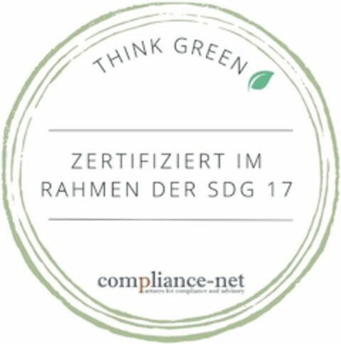 THINK GREEN compliance-net ZERTIFIZIERT IM RAHMEN DER SDG 17 Logo (DPMA, 24.02.2023)