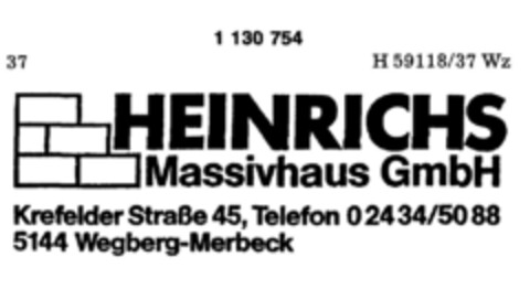 HEINRICHS Massivhaus GmbH Krefelder Straße 45, Telefon 02434/5088 5144 Wegberg-Merbeck Logo (DPMA, 26.02.1988)