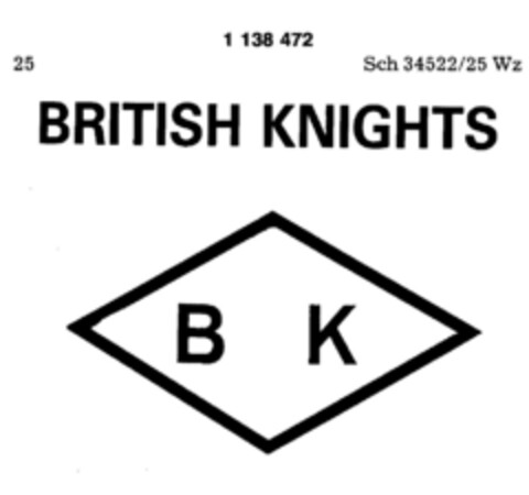 BRITISH KNIGHTS BK Logo (DPMA, 05.07.1988)
