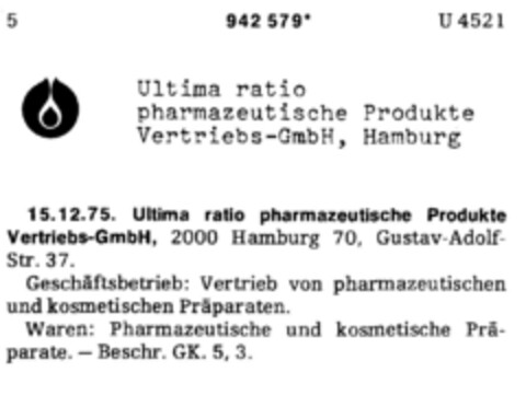 Ultima ratio pharmazeutische Produkte Vertriebs-GmbH, Hamburg Logo (DPMA, 15.12.1975)