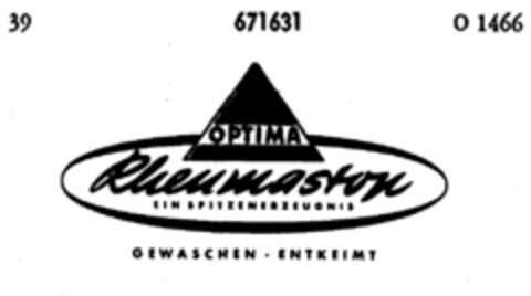 OPTIMA Rheumaston EIN SPITZENERZEUGNIS GEWASCHEN   ENTKEIMT Logo (DPMA, 04/17/1954)