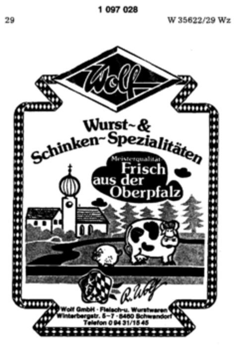 Wolf Wurst-& Schinken-Spezialitäten Logo (DPMA, 25.10.1985)