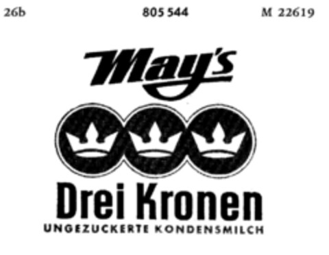 May`s Drei Kronen UNGEZUCKERTE KONDENSMILCH Logo (DPMA, 08.05.1964)