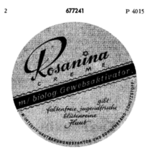 Rosanina CREME m/biolog. Gewebsaktivator Logo (DPMA, 28.12.1953)