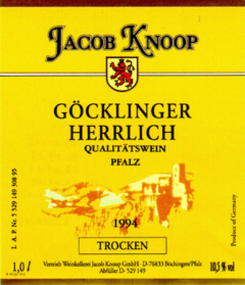JAKOB KNOOP GÖCKLINGER HERRLICH QUALITÄTSWEIN PFALZ 1994 TROCKEN Logo (DPMA, 02.12.1995)