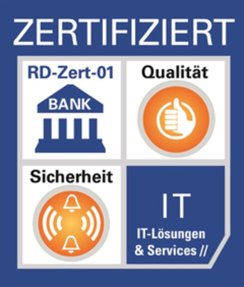 ZERTIFIZIERT RD-Zert-01 BANK Qualität Sicherheit IT IT-Lösungen & Services Logo (DPMA, 26.03.2015)