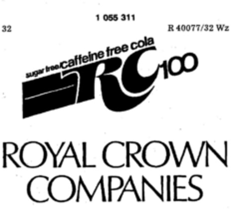 ROYAL CROWN COMPANIES sugar free caffein free cola RC 100 Logo (DPMA, 21.06.1982)