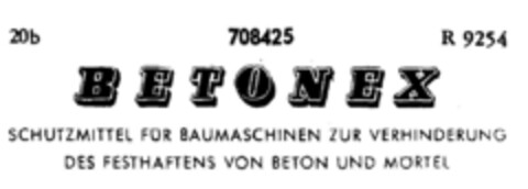 BETONEX SCHUTZMITTEL FÜR BAUMASCHINEN ZUR VERHINDERUNG DES FESTHAFTENS VON BETON UND MÖRTEL Logo (DPMA, 28.07.1956)