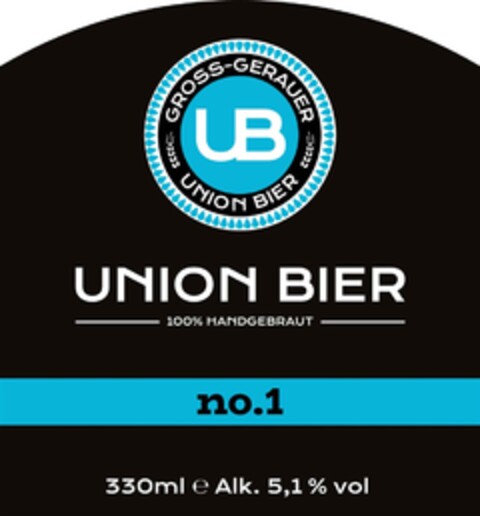 UB GROSS-GERAUER UNION BIER UNION BIER 100% HANDGEBRAUT no.1 330 ml e Alk. 5,1 % vol Logo (DPMA, 12/23/2016)