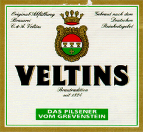 VELTINS Brautradition seit 1824 DAS PILSENER VOM GREVENSTEIN Logo (DPMA, 11/17/1995)