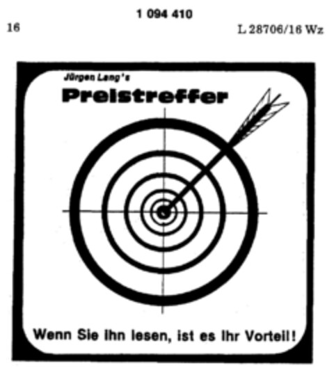 Jürgen Lang`s Preistreffer Wenn Sie ihn lesen, ist es Ihr Vorteil! Logo (DPMA, 07.12.1985)