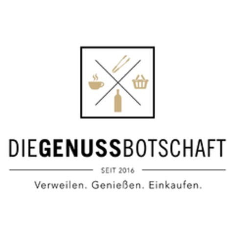 DIE GENUSS BOTSCHAFT SEIT 2016 Verweilen. Genießen. Einkaufen. Logo (DPMA, 07/09/2018)