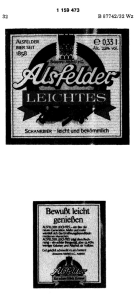 Alsfelder LEICHTES SCHANKBIER - leicht und bekömmlich Logo (DPMA, 06.07.1989)