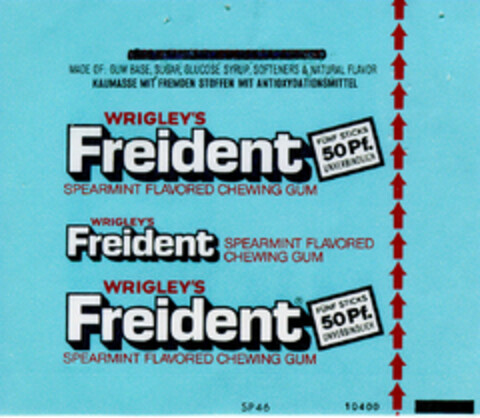 WRIGLEY'S Freident SPEARMINT FLAVORED CHEWING GUM Logo (DPMA, 04/09/1976)