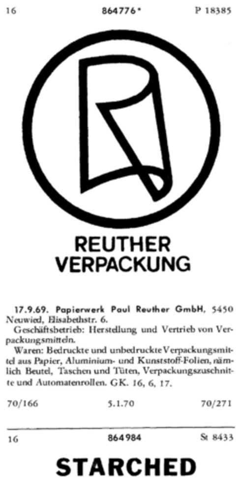 REUTHER VERPACKUNG Logo (DPMA, 17.09.1969)