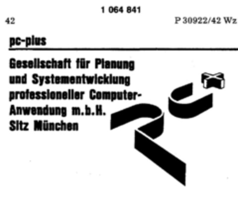 pc-plus Gesellschaft für Planung und Systementwicklung professioneller Computer-Anwendung m.b.H. Sitz München pc+ Logo (DPMA, 12/08/1983)