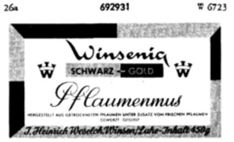 Winsenia SCHWARZ-GOLD Pflaumenmus Logo (DPMA, 16.05.1955)