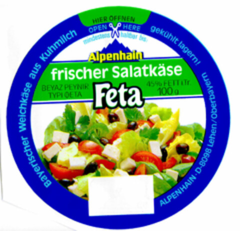 Alpenhain frischer Salatkäse Feta Logo (DPMA, 29.09.1988)