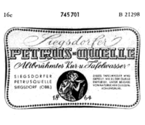 Siegsdorfer PETRUS-QUELLE Altberühmtes Kur- u. Tafelwasser Logo (DPMA, 24.11.1959)