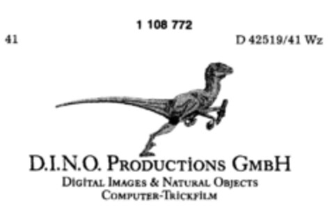 D.I.N.O. PRODUCTIONS GMBH DIGITAL IMAGES & NATURAL OBJECTS COMPUTER-TRICKFILM Logo (DPMA, 09/04/1986)