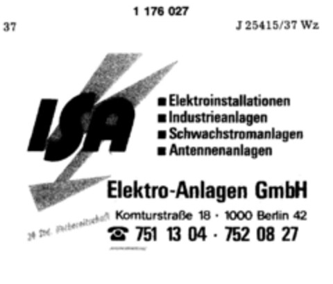 ISA ELEKTRO-ANLAGEN GmbH Logo (DPMA, 18.07.1990)