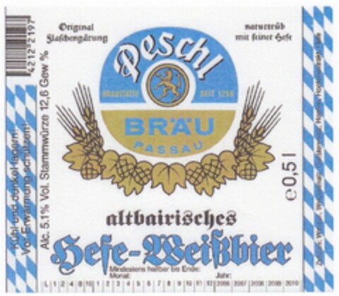 Peschl BRÄU PASSAU altbairisches Hefe-Weißbier Logo (DPMA, 22.09.2008)