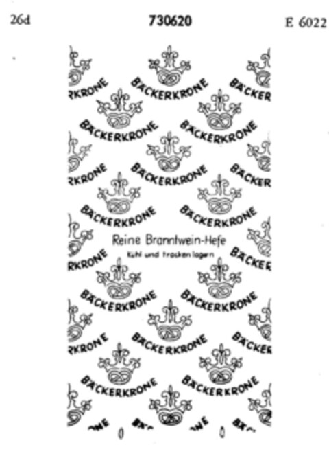 BÄCKERKRONE Reine Branntwein-Hefe Kühl und trocken lagern Logo (DPMA, 31.12.1958)