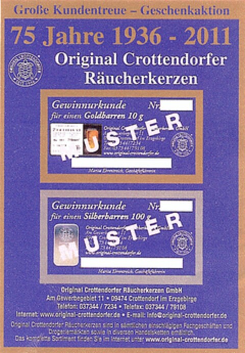 75 Jahre 1936-2011 Original Crottendorfer Räucherkerzen Logo (DPMA, 10.11.2008)