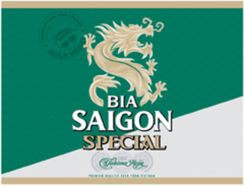 BIA SAIGON SPECIAL INTERNATIONAL BEER AWARDS GOLD MEDAL Yakima Hops PREMIUM QUALITY BEER FROM VIETNAM Logo (DPMA, 03/22/2024)